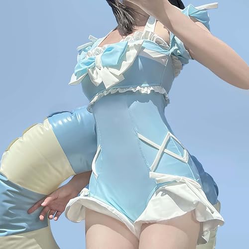 [Cosplay Kingdom] Lolita-style frilly swimsuit, ribbon decoration, off-shoulder, one-piece swimsuit (JP, alphabet, L, girls (small), light blue)
