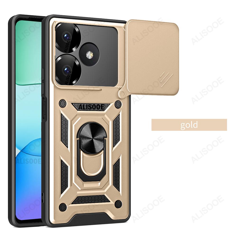 

Slide Camera Funda для Redmi 13 4G Чехол Push Lens Ring Stand Защитный чехол для Xiaomi Redmi 13 4G Противоударный чехол for Redmi 13 4G золотой