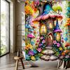 Enchanted Forest Mushroom House Shower Curtain - Whimsical Fairy Tale Design, Vibrant Flowers & Mushrooms, Reversible Polyester