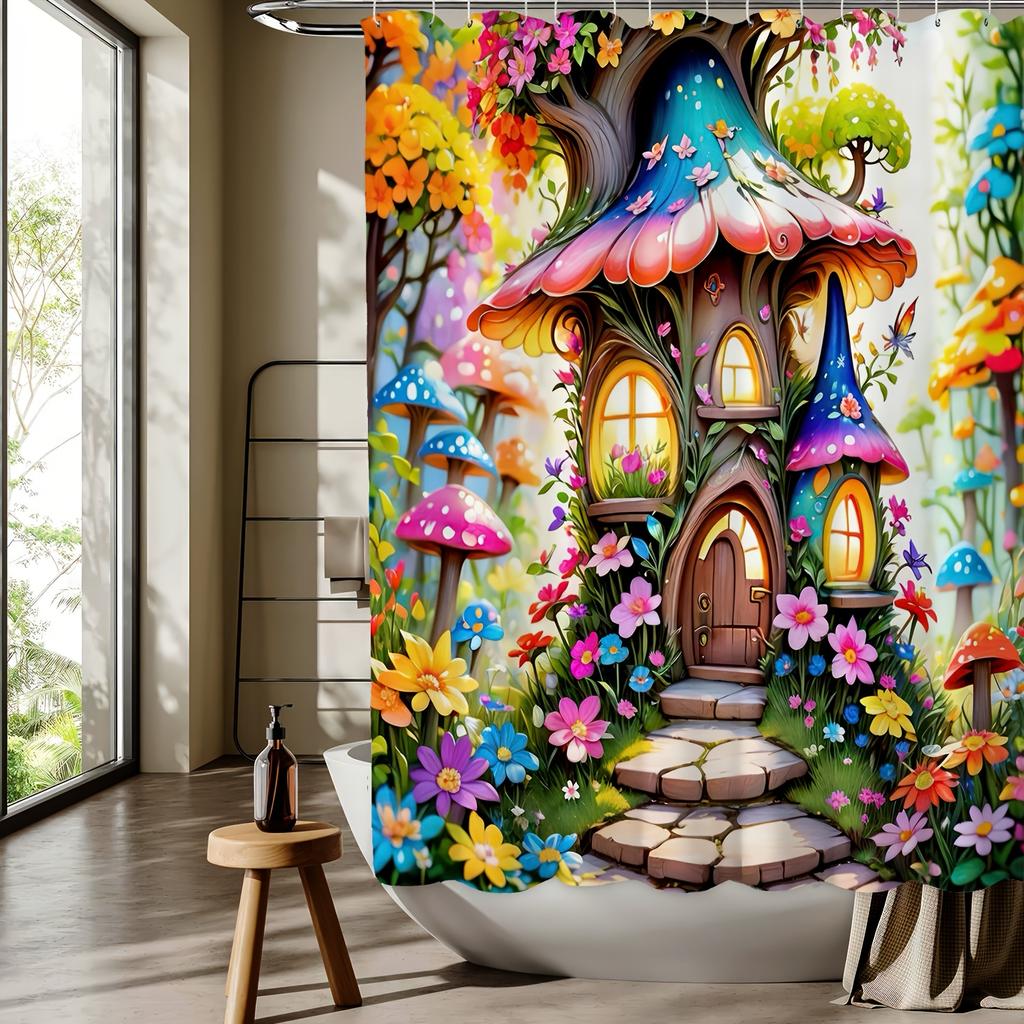 Enchanted Forest Mushroom House Shower Curtain - Whimsical Fairy Tale Design, Vibrant Flowers & Mushrooms, Reversible Polyester