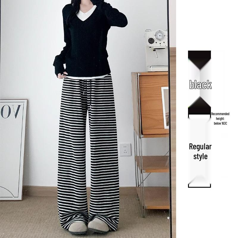 Lazy Style Black & White Striped Fleece-Lined Wide-Leg Pants: Petite-Figure Flattering, Autumn/Winter Casual Floor-Length Design