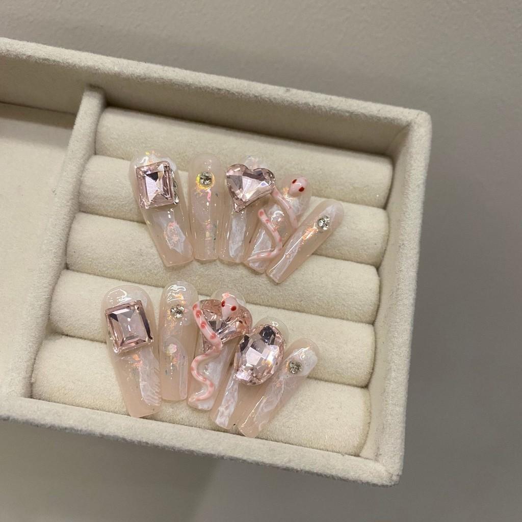 

100% РУЧНАЯ РАБОТА удлиняет овальную форму/удлиняет длинную трапецию Весенние новые 3D нарисованные вручную милые змеиные мраморные цветные фрагменты Игривые накладные ногти многоразовые M