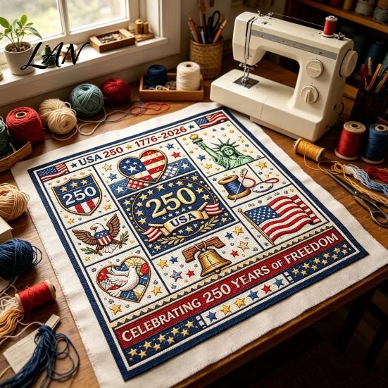 Cotton Embroidery Cloth 250th Anniversary Cross Stitch Kit, Independence Day Theme, Red White Blue Threads American Flag Set, Patriotic USA