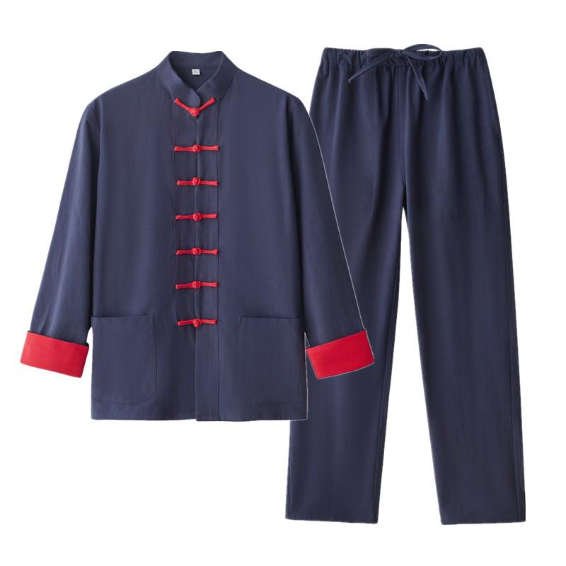 Herren Chinesischer Tang-Anzug: Frühlings-/Herbst-Baumwoll-Leinen-Set mit Froschknöpfen - Retro Mönch Teezeremonie Hanfu Robe.