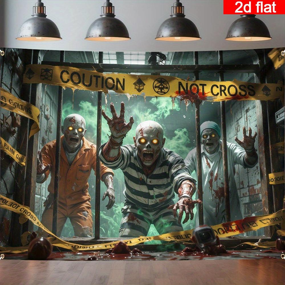 1 Halloween Polyester Flag, 2D Graphic Design, Terrifying Zombie Image with Glowing Eyes, Ghost Prison Scene