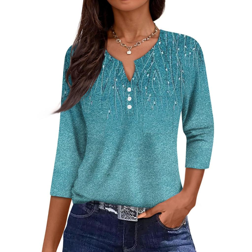 Damska Codzienna Modna Dekolt V Luźna Wszechstronna Kwiatowy Wzór Rękawy Trzyczwarte