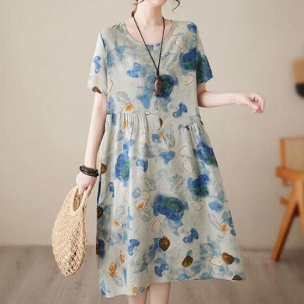 Navava Retro Art Printing Short Sleeve Round Neck Dress No906