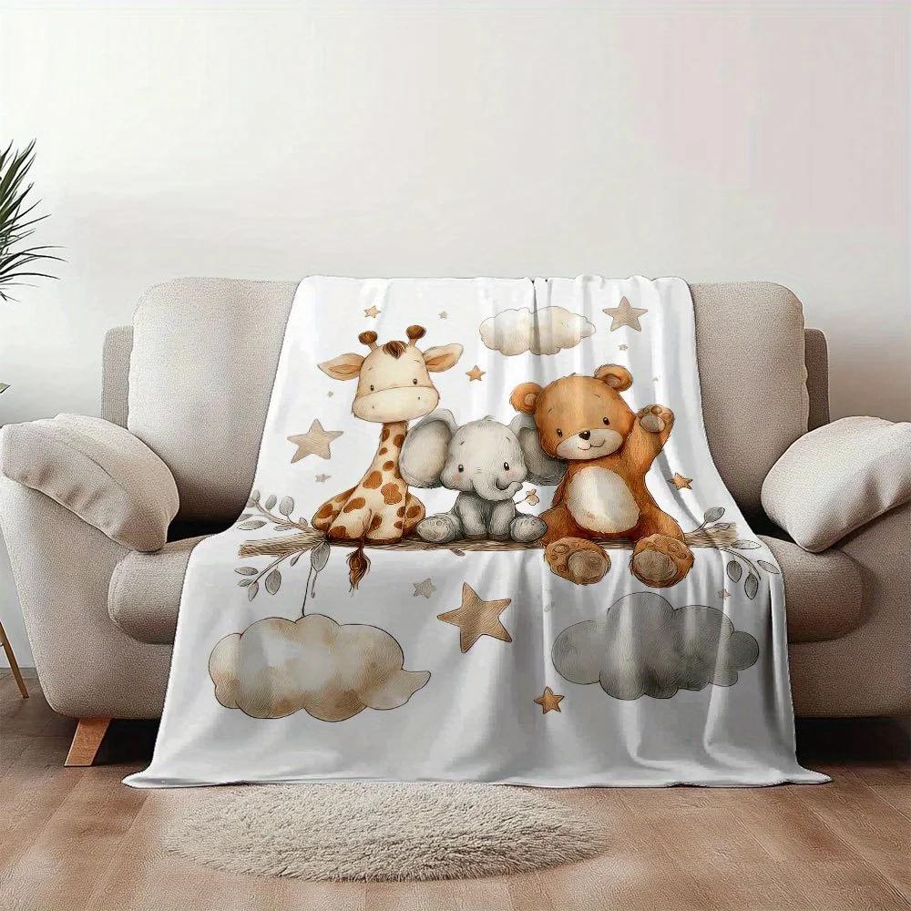 Flannel Animal Print Blanket - Giraffe, Elephant, and Teddy Bear Pattern Blanket, Soft and Lightweight Bedding40x60