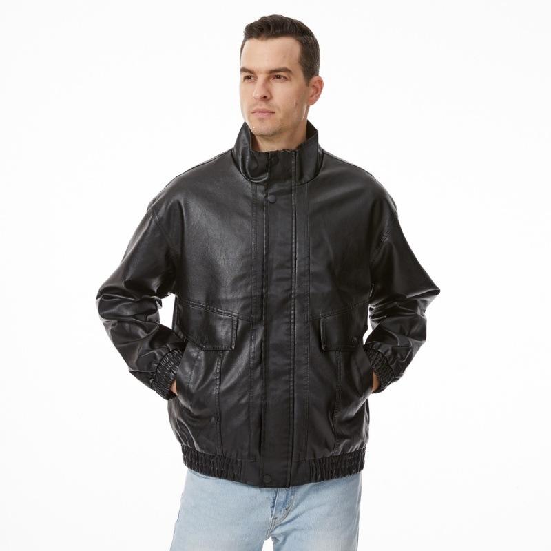 New Fattened Plus Size Leather Jacket Men's PU Leather Tooling Large Size Leather Jacket Men's Stand-Up Collar Locomotive Douyin Cross
