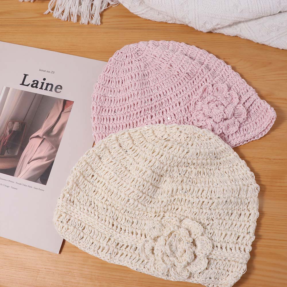 Hollow Crochet Flower Hat Glitter Sequin Knitted Hat Cute Weave Cap Apparel Accessories