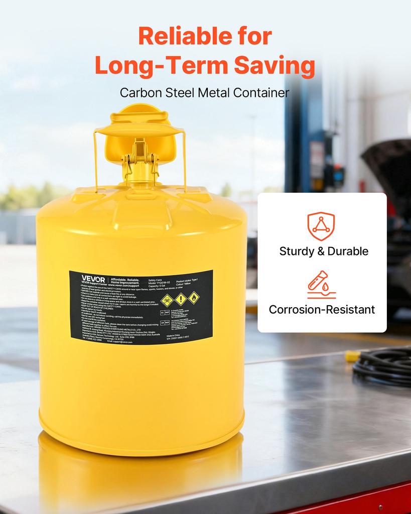VEVOR Safety Can, 19 L Type I Yellow Safety Can for Diesel with Stainless Steel Flame Arrester, Self-Closing Lid, and PE Funnel