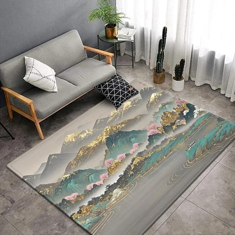 Chinese Landscape Art Area Rug Collection Exquisite Traditional Ink Painting Gold Foil Pattern Floor Mat For Living Room
