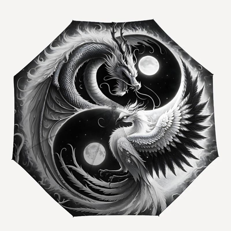 1pc Yin Yang Dragon and Phoenix Automatic Umbrella Design, Cute Cartoon Pattern, Portable Outdoor Umbrella, Perfect A097