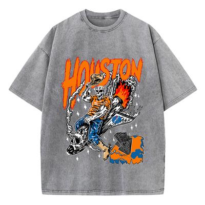 Casual Womans Acid Wash T-Shirts Houston Skeleton Manga Prints Tops Distressed Crewneck Cotton Tee Shirts Clothes