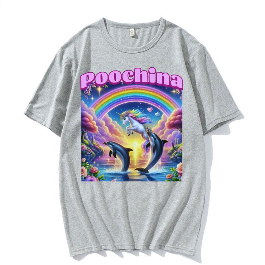 Poochina Brain Rot Ironic Funny Meme Tee Shirt for Men Harajuku Hip Hop Streetwear T-shirt Unisex Oversized Cotton T-shirts Tops