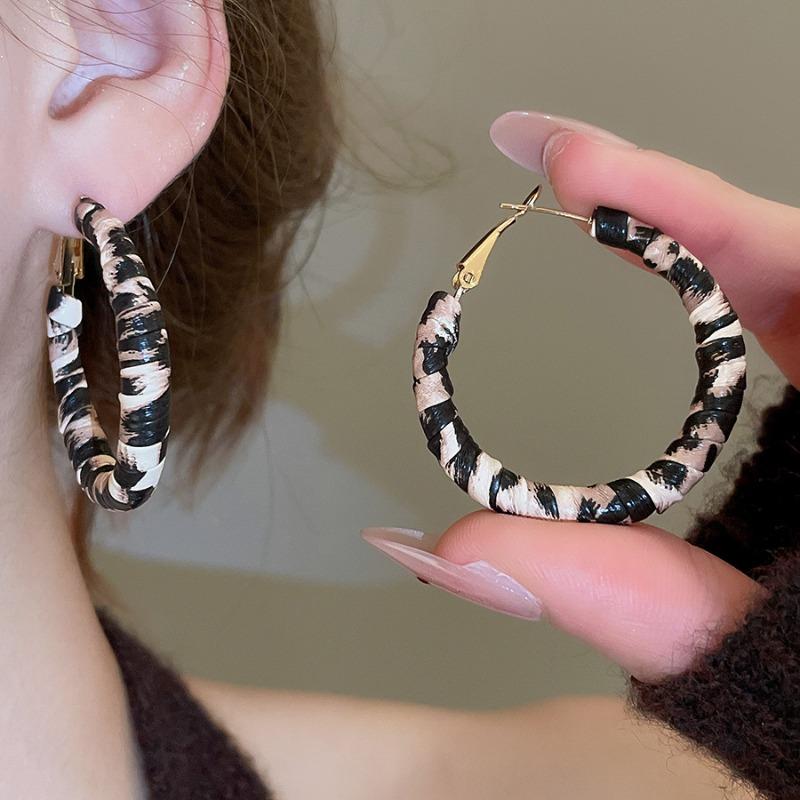 Orecchini a bottone geometrici rotondi con stampa leopardata in resina e pelle con ago d'argento moda autunno e inverno orecchini di nicchia di alta gamma da donna