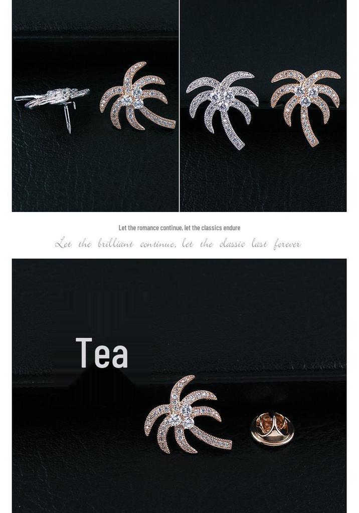 Men's Personalized Coconut Tree Brooch: High-End Zirconia Lapel Pin & Anti-Exposure Button for Women's Shirts
