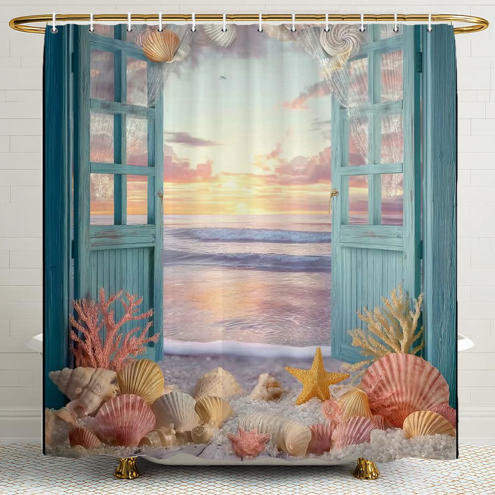 Cortina de Ducha con Paisaje de Conchas y Estrellas de Mar Fuera de la Ventana, Cortina de Ducha para Decoración de Baño, Cortina de Ducha Impresa con Ganchos