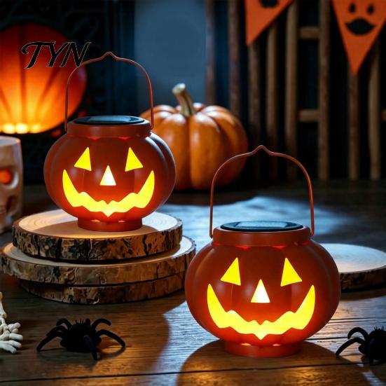 Festive Patio Hanging Decor Solar Pumpkin Lanterns, Waterproof Outdoor Halloween Light, Spooky Automatic Dusk To Dawn Lights Orange Lantern