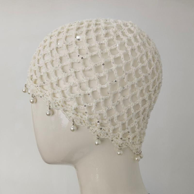 Portable Pearl Fringed Hollowed Out Woven Beanies Retro Pullover Hat for Travel Winter Essentials