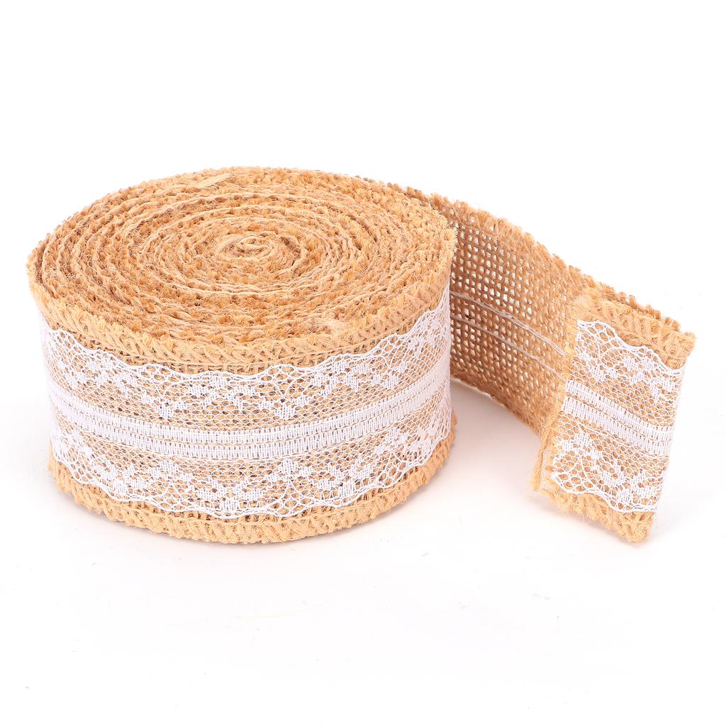 Burlap Ribbon with White Lace Natural Jute Roll for DIY Decoration Gift Packaging 5 Yards5cm Middle Lace