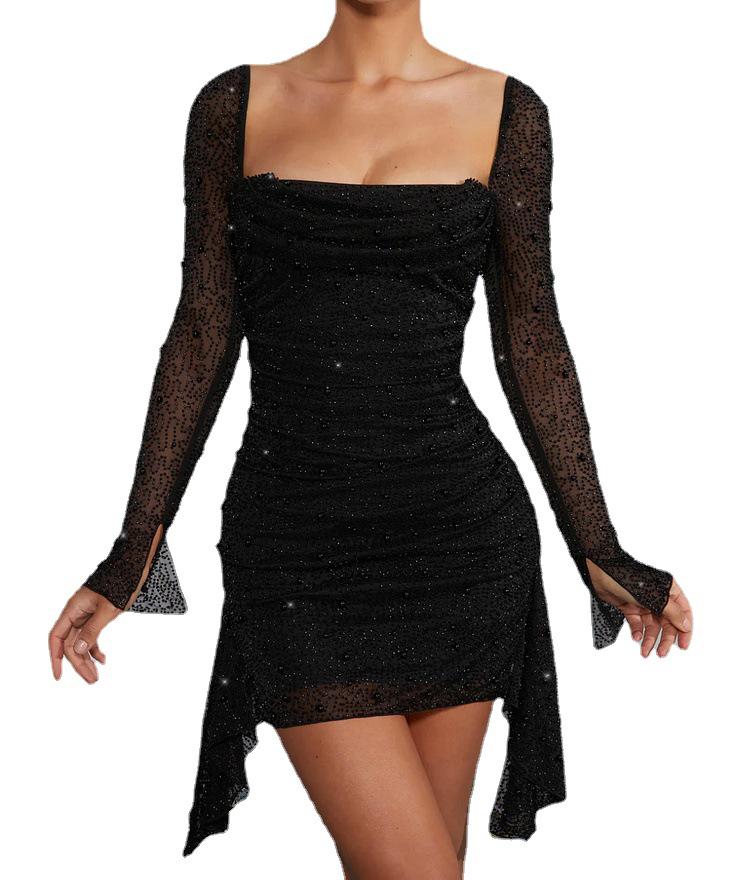 

2024 Европейско-американская мода Весенне-летнее платье с длинными рукавами и отделкой бисером Double Extra Large чёрный