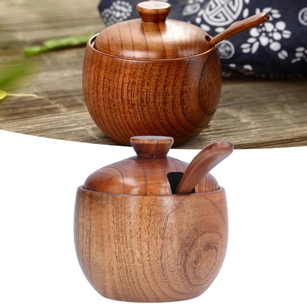 Houten kruidenpotje met deksel en lepel Zoutvaatje Keukengerei Zoutdoos Keuken Thuis