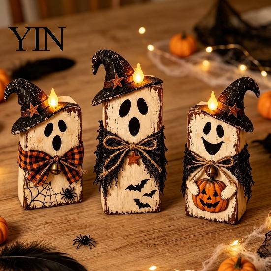 Solid Wood Seasonal Centerpiece 3Pcs Rustic Wooden Halloween Cat Tabletop Decor, Farmhouse Black Figurine Indoor Party Supplies with Witch Hat, Autumn