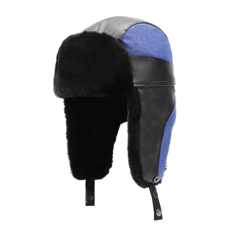 Winter PU Hat Bomber Hat Men's Outdoor Windproof Cold-Proof Ski Hat Thick Fleece Warm Cotton Hat