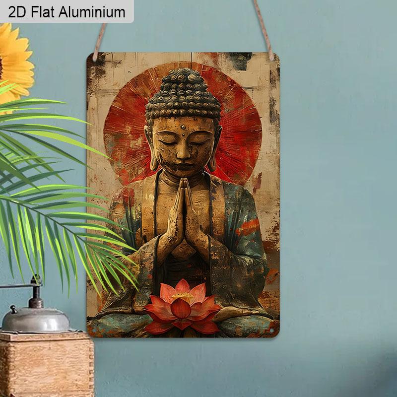 2D Flat, 1pc Vintage Spiritual Aluminium Wall Art Sign "Serene Buddha with Lotus"- 8"x12" Aluminium Rustic Home Decor, Meditation Room & Yoga Studio