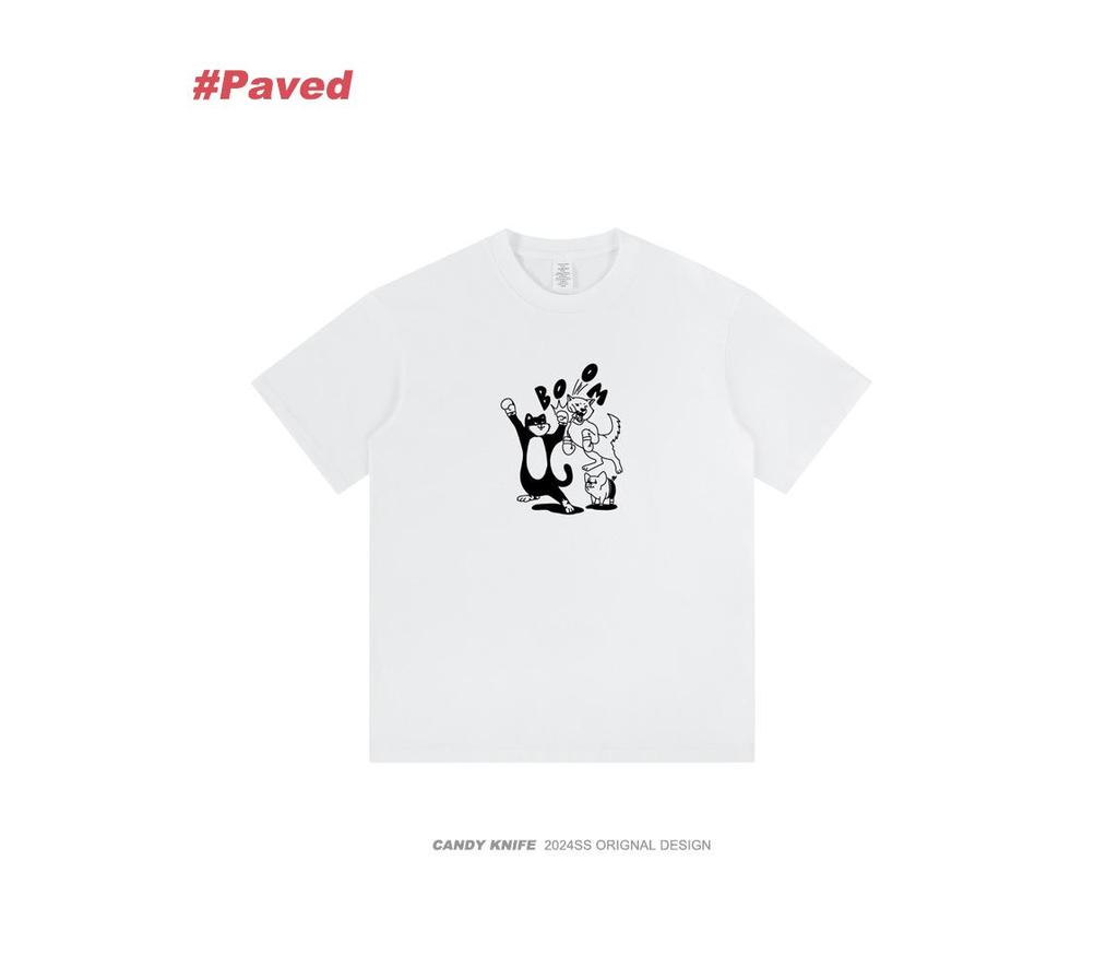 Unisex 2024 Summer Retro Cat Cartoon Boxing T-Shirt, Pure Cotton, Loose Fit