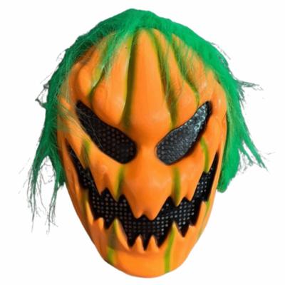 Realistic Halloween Pumpkin Mask Creativity Orange Pumpkin Full Face Mask with Wig Funny Scary Ghost Headgear Masquerade Party