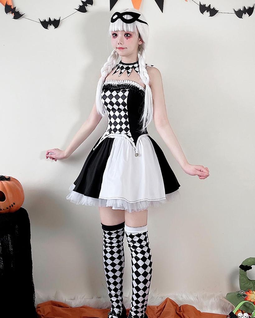 [Milky Time] Clown Cosplay Halloween Costume, Black and White Checkered Pattern, Monochrome Clown