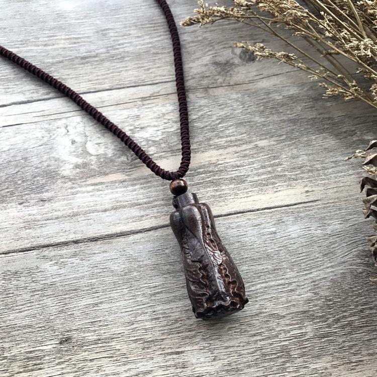 Retro Hand-carved Mahogany Long Necklace Women's Fashion Temperament Cotton and Linen Clothing Sweater Chain Accessories