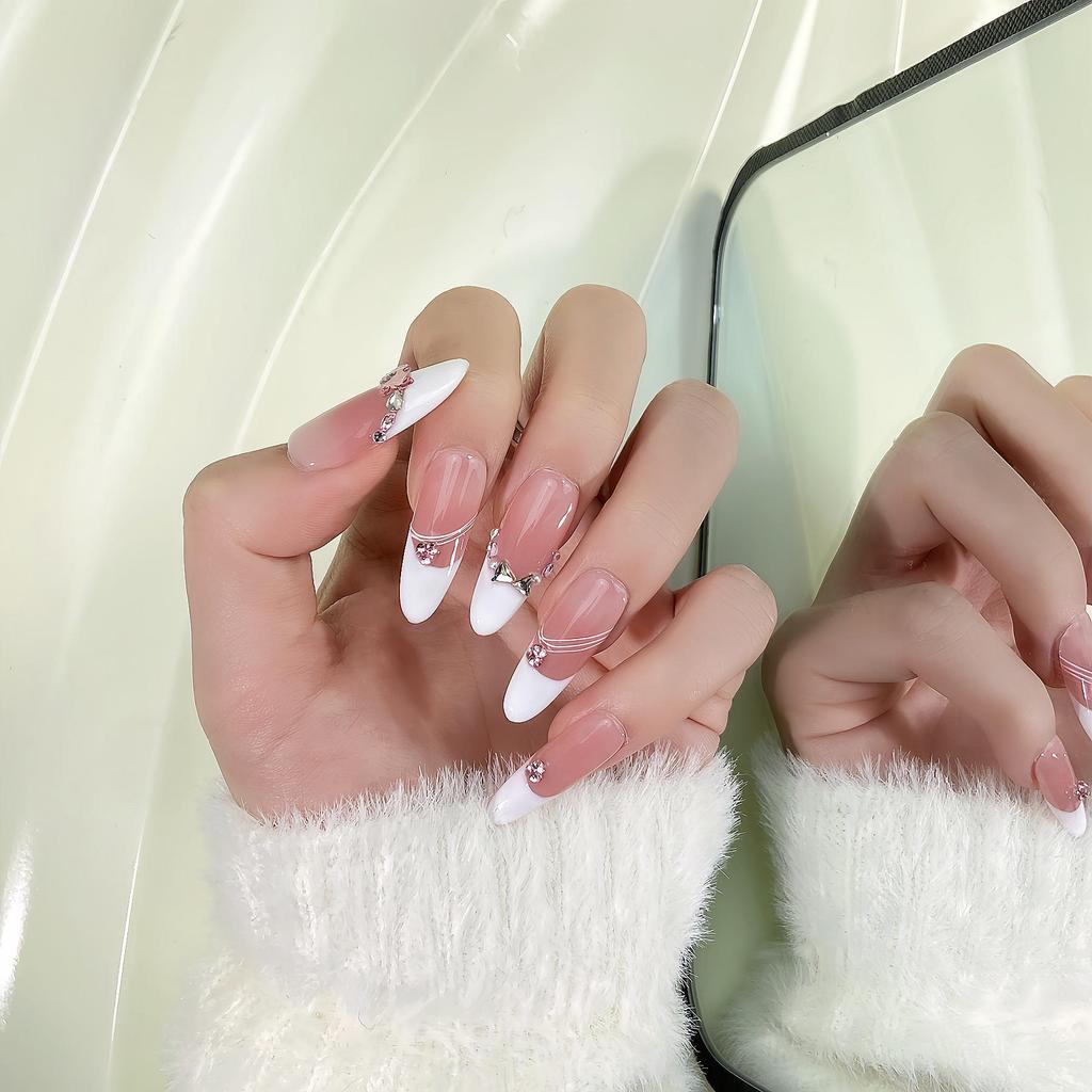 Handmade French Style Nude Translucent Color-Blocking Press-On Nails - Eye-Catching Manicure