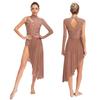 S-XXL Women Lyrical Dancewear: Asymmetrical Side Split Dress with Mock Neck, Cutout, Sheer Mesh, Patchwork & Shiny Rhinestones