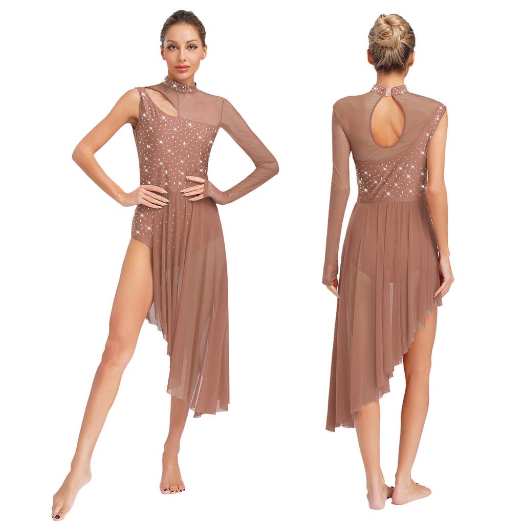 S-XXL Women Lyrical Dancewear: Asymmetrical Side Split Dress with Mock Neck, Cutout, Sheer Mesh, Patchwork & Shiny Rhinestones
