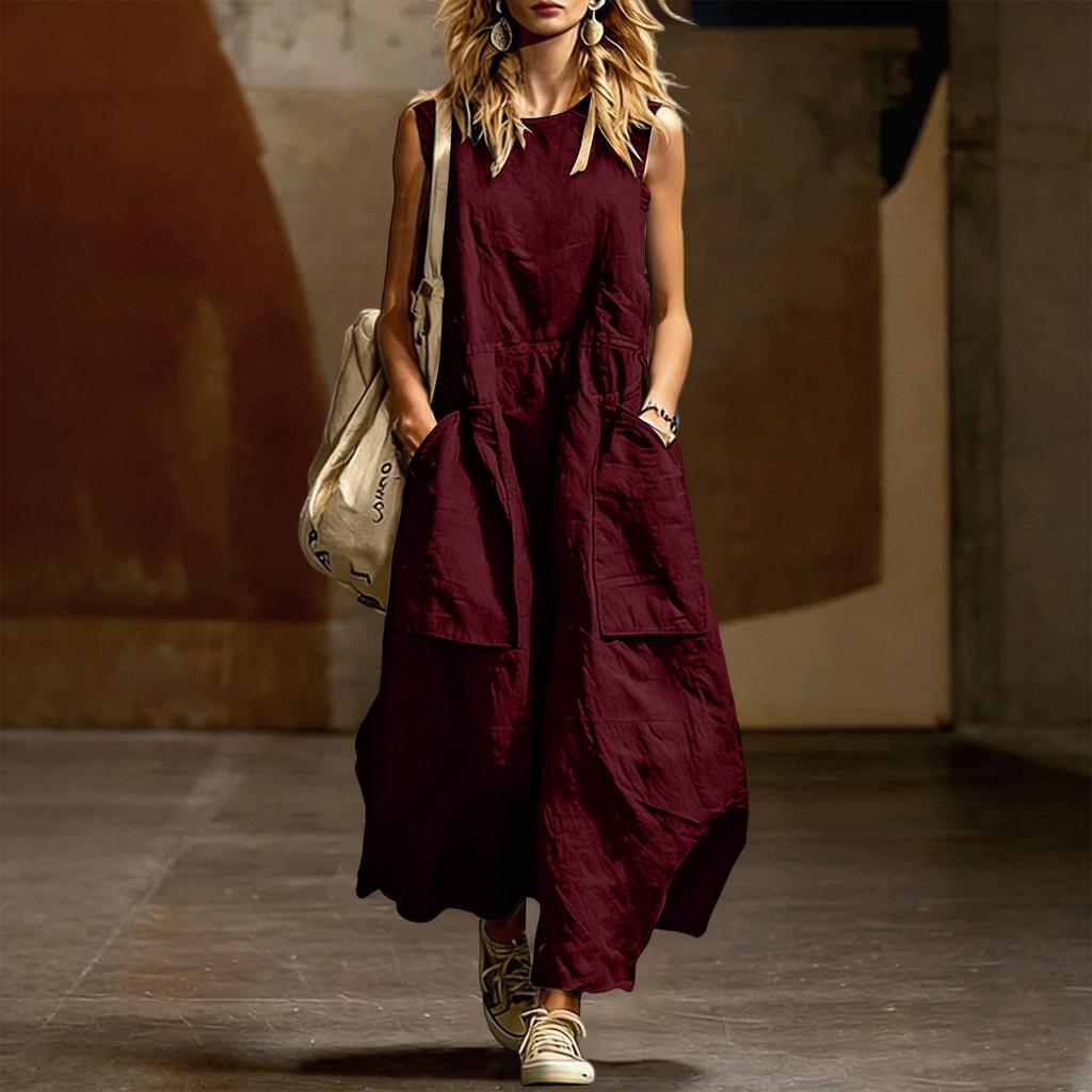 Women's Fashionable Round Neck Loose Sleeveless Cotton Linen Casual Pocket Dress