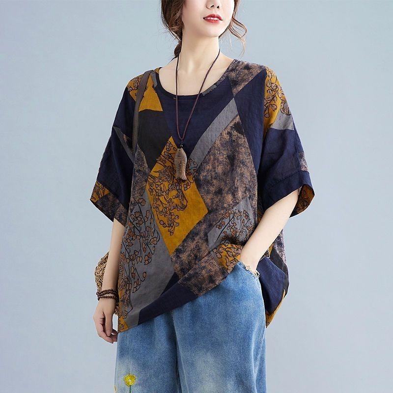 Cotton and Linen Plus Size Women's Summer Literary Retro Round Neck Printed Shirt Fashion Bat Sleeve Short Shirt Loose Top