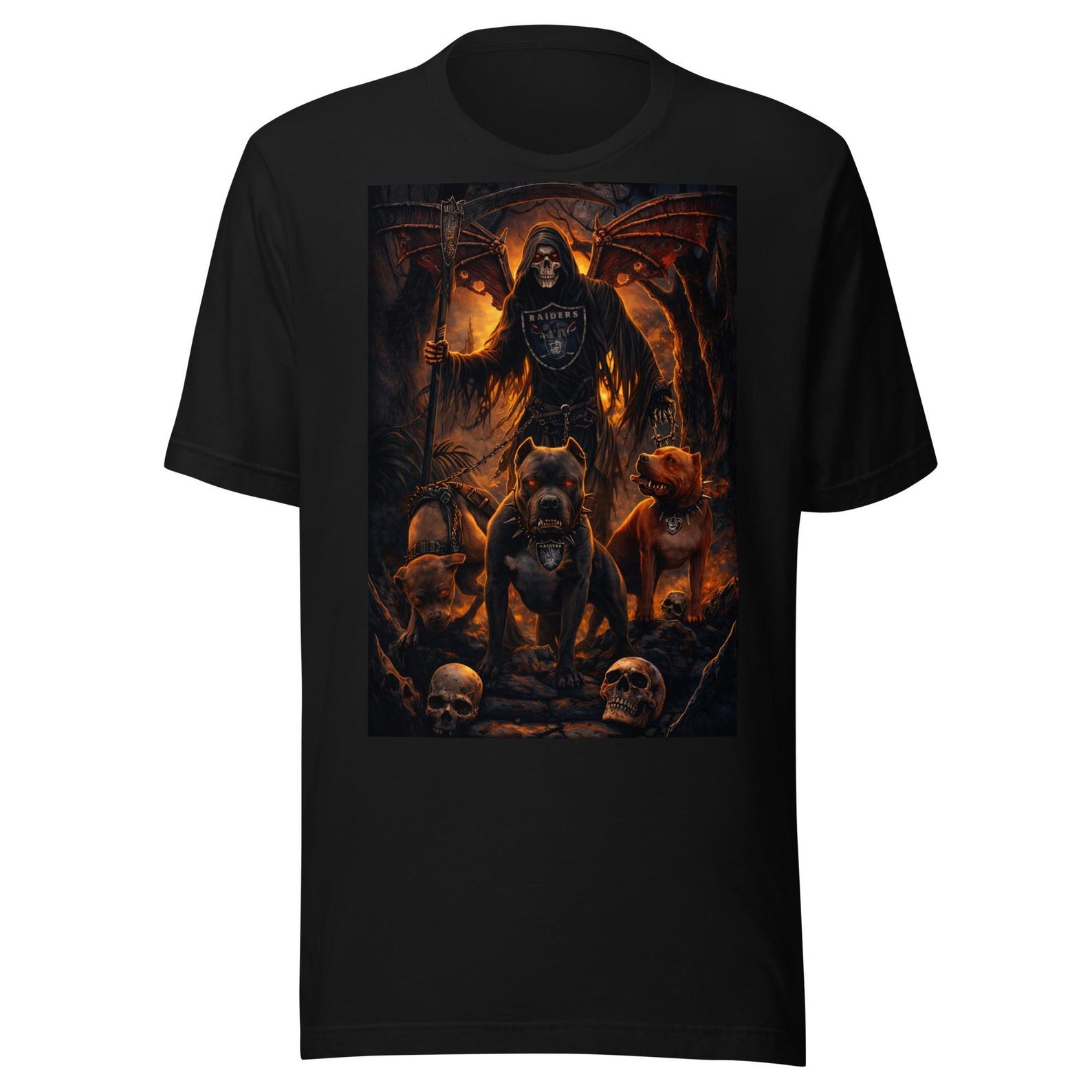 Dark Reaper Skull Art with Guard Dogs – Grim Rider Fantasy Gothic Illustration Unisex t-shirt 4XL