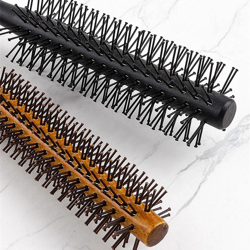 BEPAN Wood Handle Round Hair Curling Brush Hair Salon Styling Drying Tool Hairdressing Curling Massage Roller Comb with Nylon Bristles
