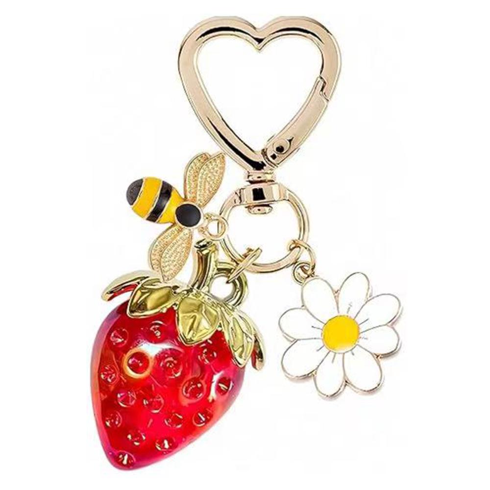 Peach Heart Strawberry Flower Keychain - Heart-Shaped Bag or Car Pendant