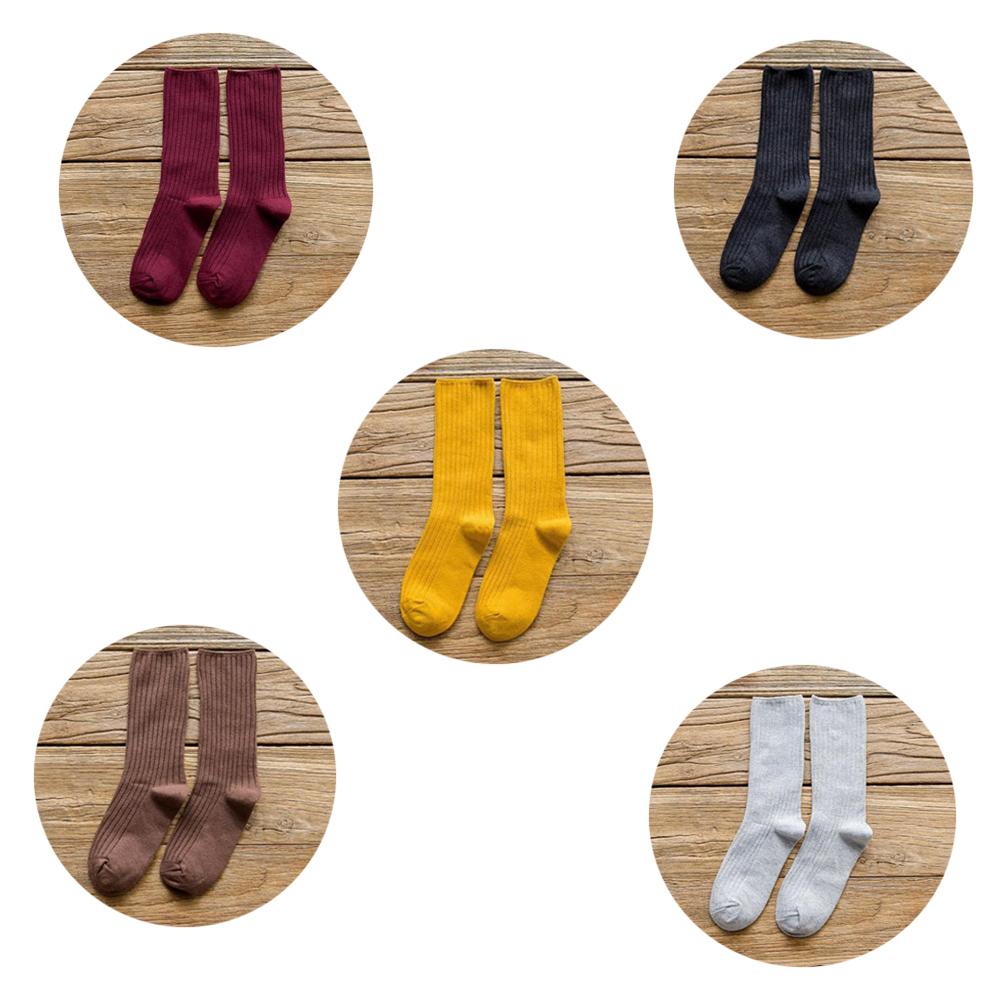 5 Pairs Solid Ribbed Crew Socks Women Mixed Color 4 Seasons Fit Loose Socks Set Daily Basic Sox