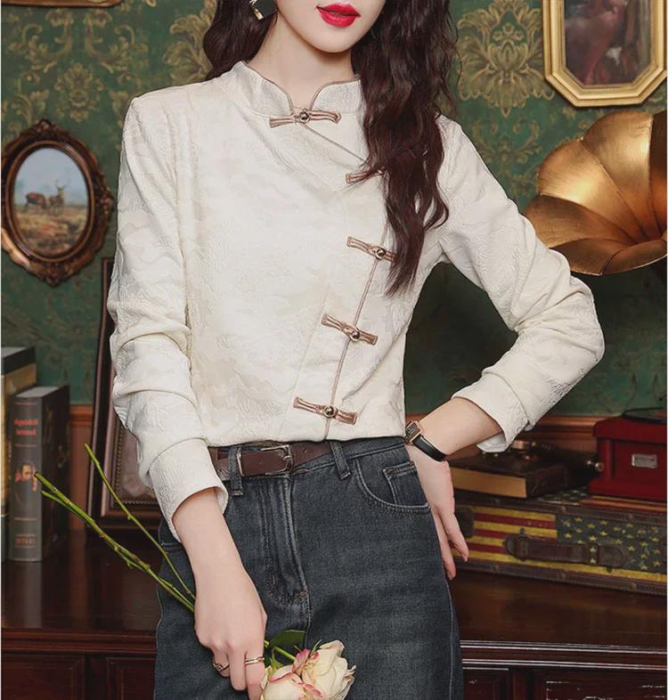 2024 Spring Red Buttoned Cheongsam Shirt for Women