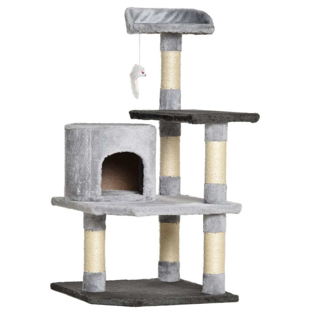 Cat Tower with Platforms, Houses, Play Mouse, Scratching Posts and Covered in Plush 48x48x100 cm Grey