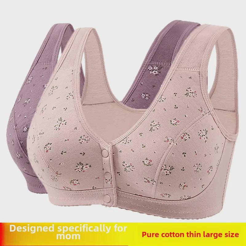 Weicher Baumwoll-BH mit Frontschnalle für Frauen mittleren Alters und ältere Frauen – ohne Stahlring, große Größe, bedruckt, dünnes Westendesign
