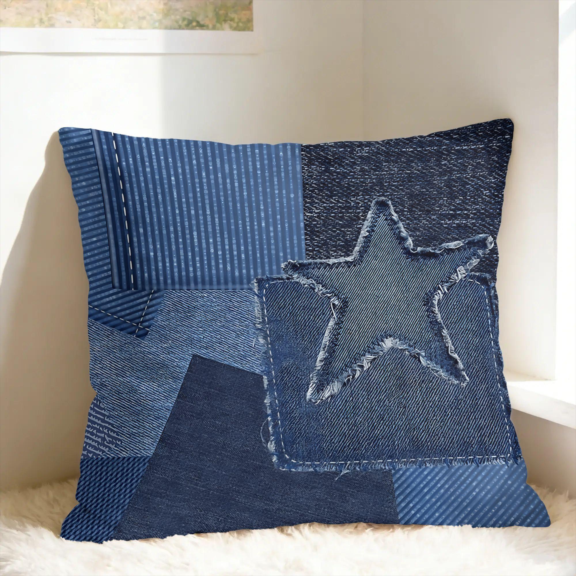 Foto Van Oude Jeans Kussensloop Zachte Kussensloop Voor Kantoor Auto Huisdecoratie Mode Kussenhoes 50x50cm