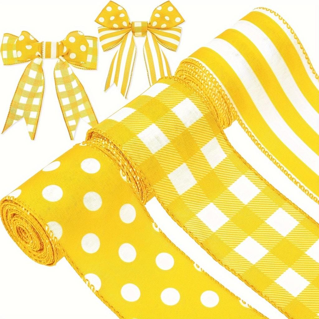 Festival Bee Delightful Yellow Checkered And Striped Burlap Ribbon For Festive Gift Wrapping And Arrangements Decorative