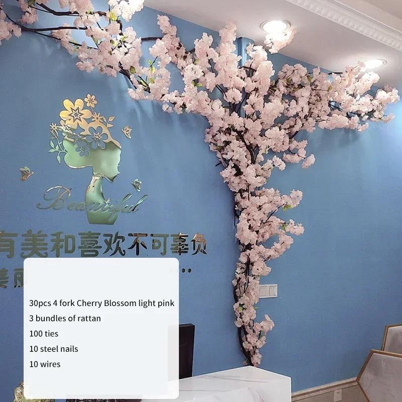 Artificial Cherry Tree Rattan Flower, Silk Wedding Background, Wall Decoration Flower, Home Decoration