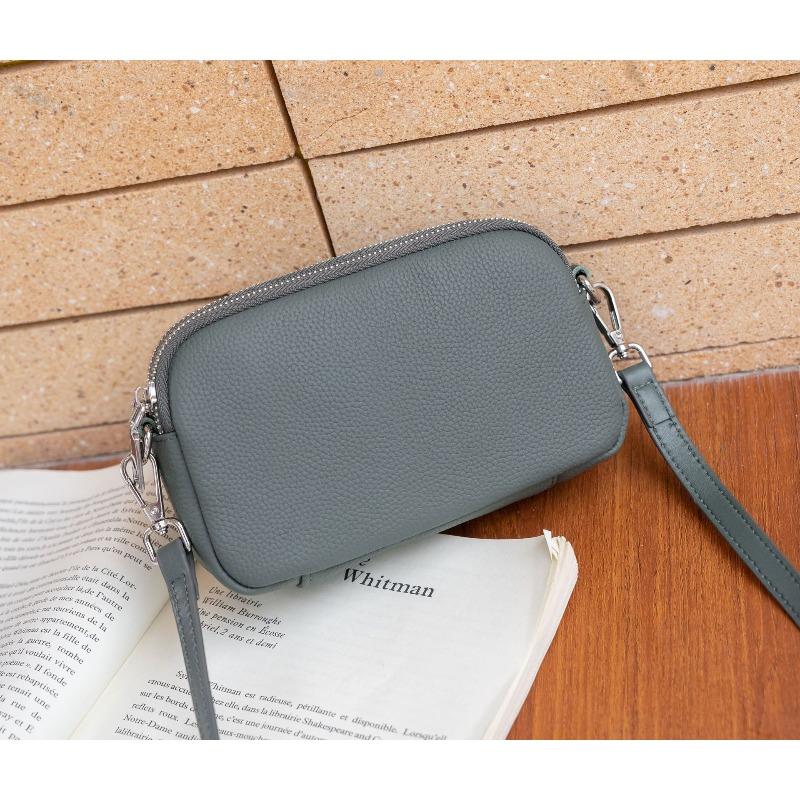 The First Layer of Cowhide Women's Bag, Shoulder Messenger Bag, Simple Multi-compartment Zipper Square Bag, Soft Leather Change Mobile Phone Bag.
